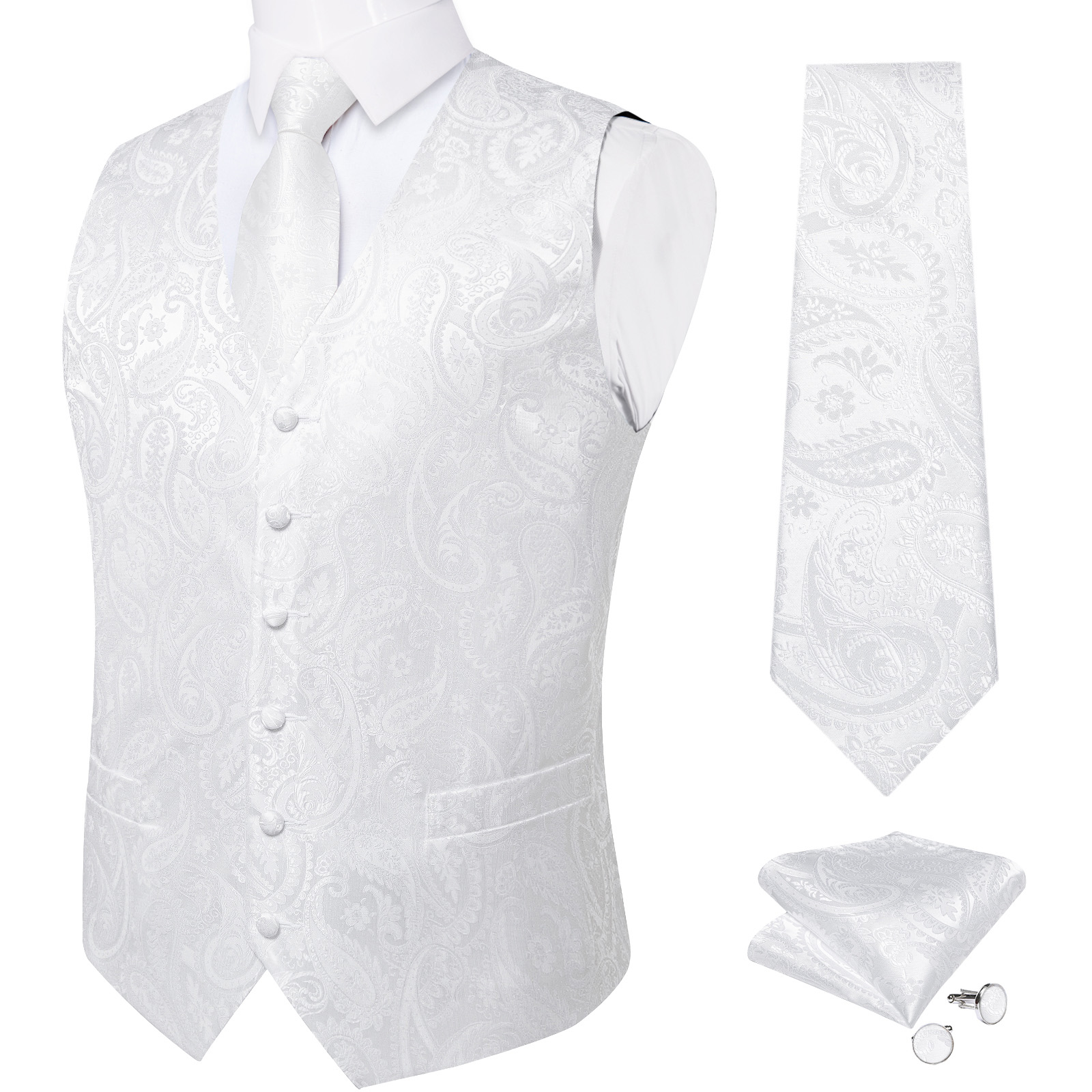 Pure White Wedding Vest for Ma - Pocket Square Set 评论和价格